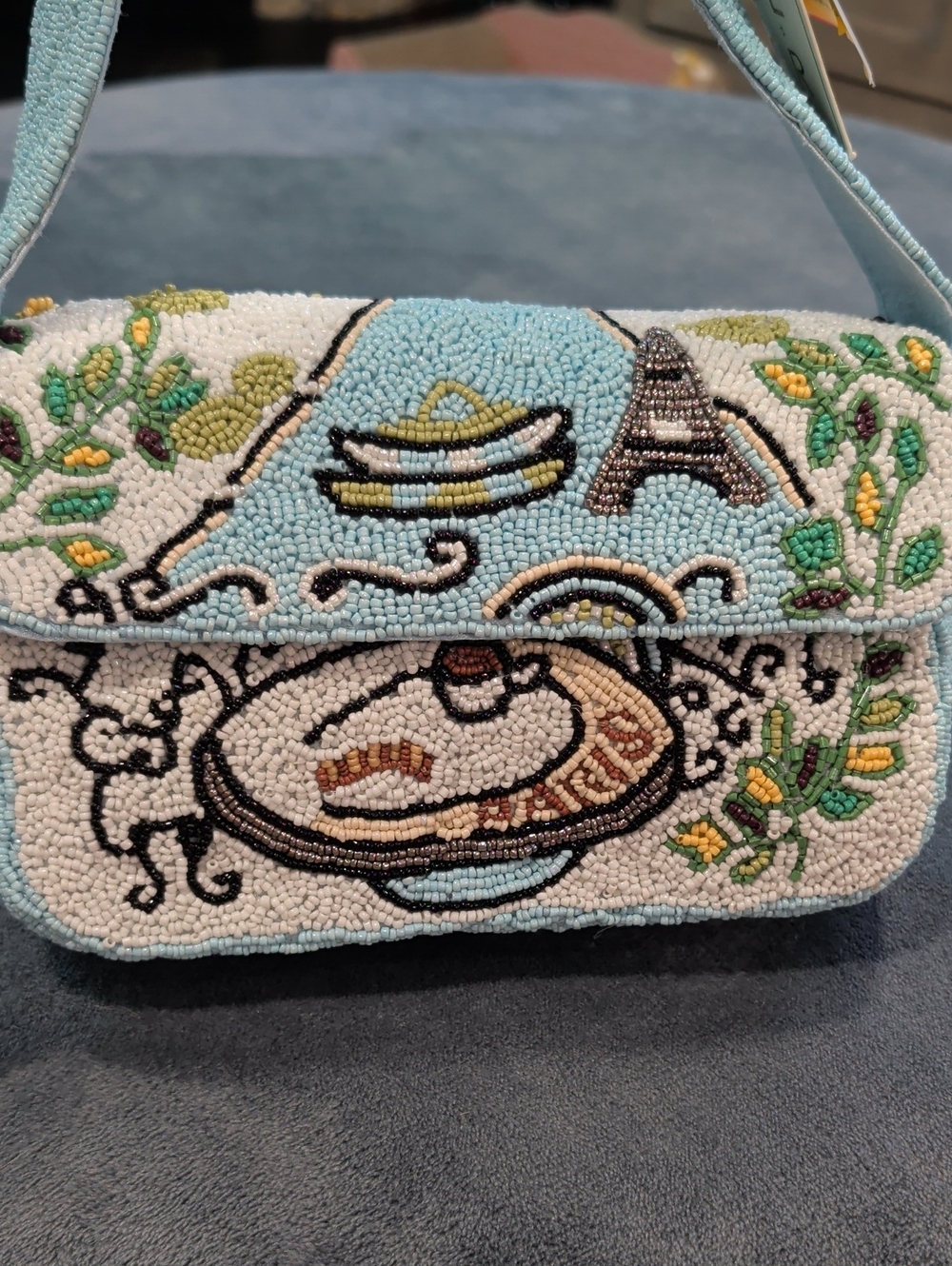 Paris Beaded Floral & Eiffel Motif Shoulder Bag in Light Blue